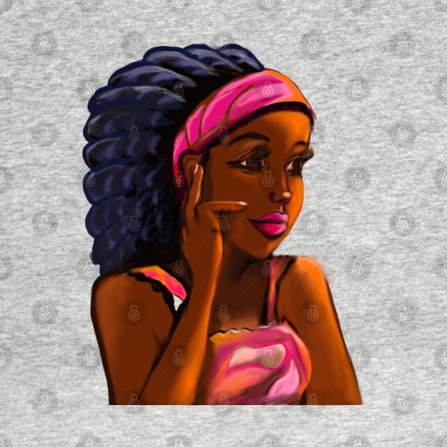 Afro queen in pink headband ii- Mahagony brown skin girl with thick glorious afro dreadlocks in her hair by Artonmytee